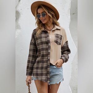 Brown Plaid Colorblock Casual Pocket Button Up Shirt